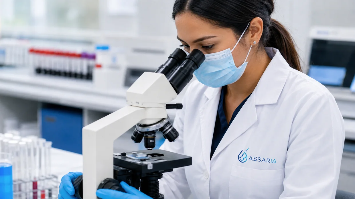 Bacterióloga con bata de Assaria observando una muestra al microscopio en el laboratorio.
